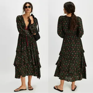 Free People Bohemian Gypsy Tiered Ruffle Maxi Dress Size Medium Witchy Plunge thumbnail 11