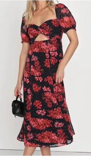 Lulus Truly Charming Floral Midi Dress Small Black Red Puff Sleeve Cutout NWT thumbnail 1