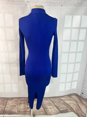 Reiss Blue Ronnie Collared Knitted Long Sleeve Ribbed Midi Bodycon Dress Size XS thumbnail 9