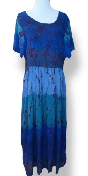 Vintage 90s Ombre Blue Dark Floral Crinkle Dress Short Sleeve Maxi‎ Festival thumbnail 1
