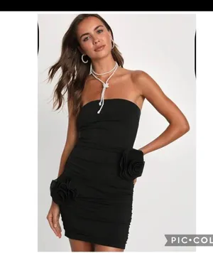 Lulu's Attentive Allure Black Strapless Rosette BodyconDress with Floral Details thumbnail 1