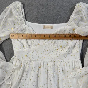 Altard State White Gold Star Tiered Ruffle Mini Dress Size Medium Puff Sleeve thumbnail 9