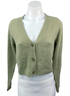 Theo & Spence Olive Green Knit Button Long Sleeve Cropped Cardigan Sweater Top S thumbnail 1