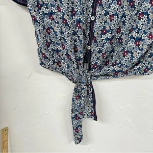 Max Studio Ditsy Floral Blue & Pink Flared Sleeve Tie Front Blouse S thumbnail 2