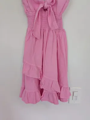 Hot Pink Barbie Bubble Gum Pink Tie Front Ruffle Cotton Dress Size M/L NWT thumbnail 7