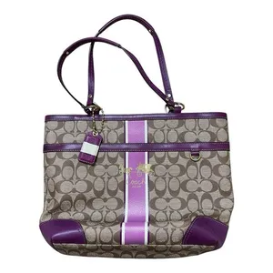 Vintage Brown Coach Signature Plum Berry Heritage Stripe Tote Shoulder-Bag Purse thumbnail 5