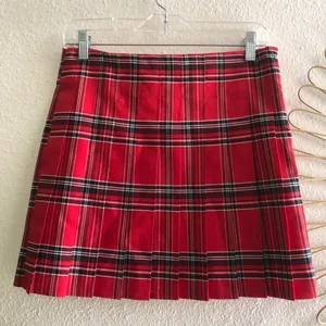 Red plaid pleated mini skirt with black and white stripes and pleats thumbnail 2