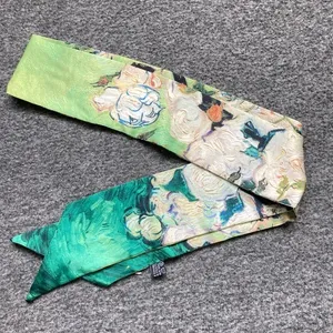 Summer Retro Hair Tied Oil Painting Long Silk Scarf Band Braided Chiffon new thumbnail 4