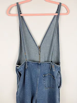 Lel Lab Denim Wide Leg Jumpsuit Baggy Plunging Neck Open Back Size 38/ Medium thumbnail 7