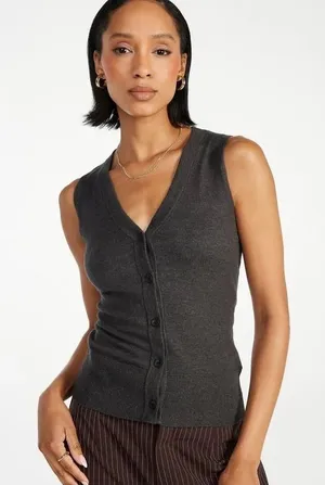 Shoe Dazzle Charcoal Gray Sleeveless V-Neck Button-Front Sweater thumbnail 1