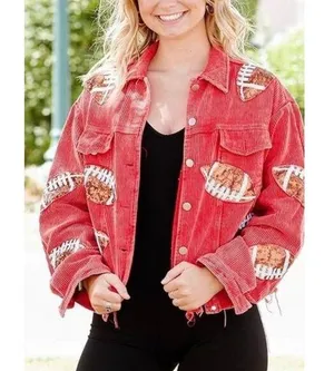 J. Lee Women’s Red Size XL Sequin football Game Day corduroy Fringe Jacket Coat thumbnail 1