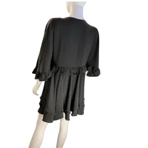 Entro Black Ruffled 3/4 Sleeve V Neck Babydoll ‎ Tiered Short Dress NWT Size M thumbnail 6