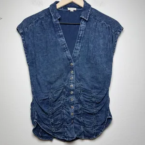 Anthropologie Pilcro Women Cotton Denim Top XS Blue Ruched Button Western Boho thumbnail 3