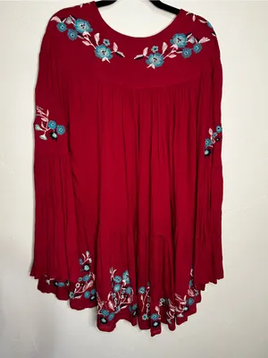 Free People Te‎ Amo Red Blue Floral Embroidered V Neck Babydoll Mini Dress thumbnail 10