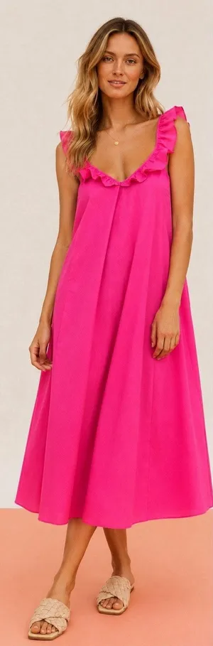 H&M NWT Hot Pink Flounce Trim Ruffle Strap Cotton Lightweight Midi Dress Size L thumbnail 1