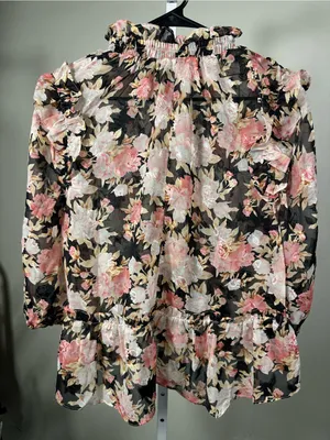 N99 Miley and Molly- Floral Ruffle Blouse in Pink and Cream on Black thumbnail 3