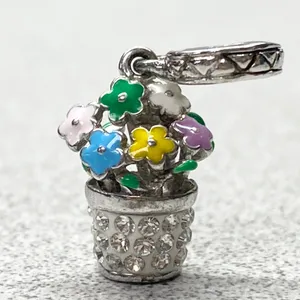 Silver Tone Enamel Crystal Flower Pot Charm Spring Garden Jewelry Making Gift thumbnail 1