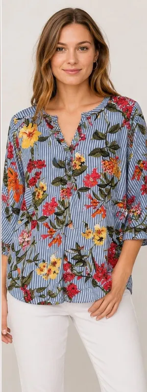Umgee Blue Striped Floral V-Neck Blouse with Multicolor Blooms thumbnail 1