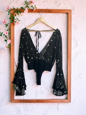 Nasty Gal Black Star Print Sheer Bell Sleeve Bodysuit Size 6 thumbnail 2