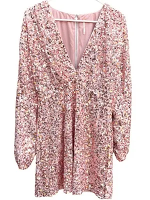 EUC Free People Dance All Night Sequined V Neck Puff SIv. Dress Rose Gold Small thumbnail 1