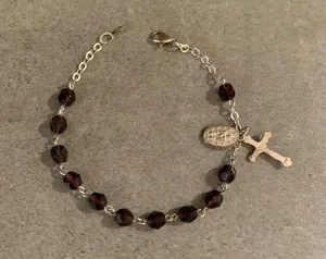 Garnet Gemstone Rosary Bracelet 6mm Miraculous medal Benedict crucifix Italy thumbnail 2