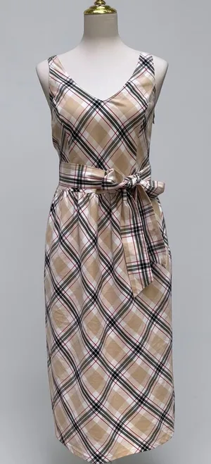 Hope & Henry Plaid Midi Dress 10 Tan‎ Organic Cotton Belted V-Neck A Line thumbnail 1