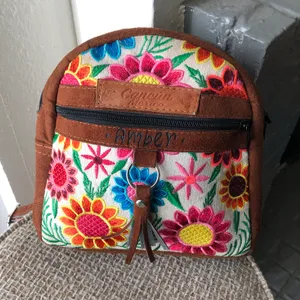 Mini colorful brown embroidered floral backpack thumbnail 1