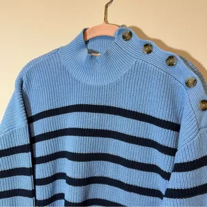 Loft Women’s Blue and‎ Navy Striped Mock Neck Button Sweater XLP thumbnail 2