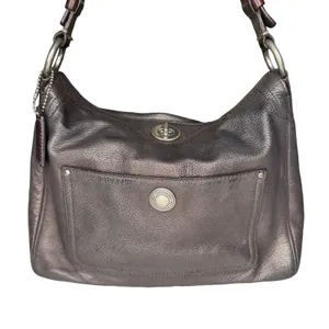 Vintage Coach Metallic Leather Hobo Bag Silver Chain Strap Turn Lock‎ Y2K Purse thumbnail 2