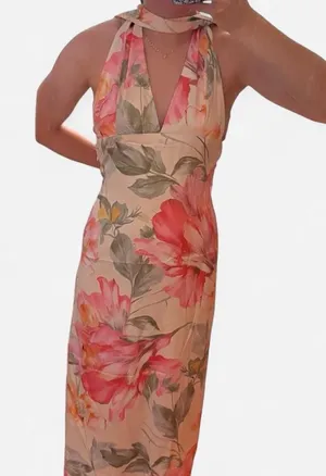 Source Unknown Cream Floral Maxi Dress halter neck open back thumbnail 1