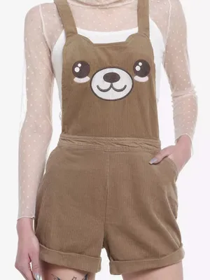 Hot Topic Teddy Bear Corduroy Shortalls Large Cotton Khaki Brown thumbnail 1