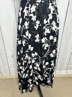 White House | Black Market Sz 8 Chiffon Black Garden Floral Elastic Waist Midi Dress Keyhole Neckline thumbnail 3