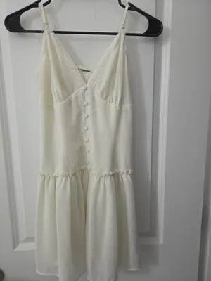 White Lace Trim V-Neck Mini Dress | Button Front Ruffle Hem thumbnail 2