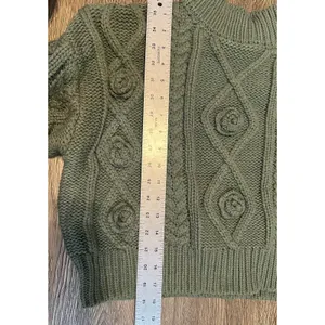 Cableknit Mockneck Sweater Size Medium Green Heavy 3D Flowers Cropped Forever 21 thumbnail 3
