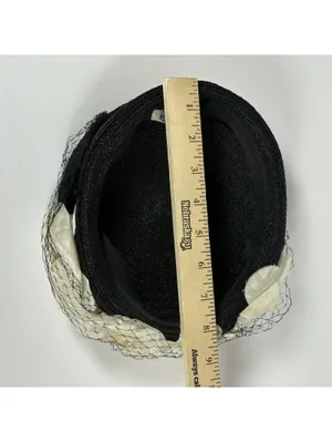 Vintage Union Made Black Pillbox Hat with Cream Floral Accents and Veil thumbnail 8