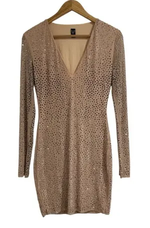 Windsor Sequin V-Neck Long Sleeve Dress - Tan EUC thumbnail 1