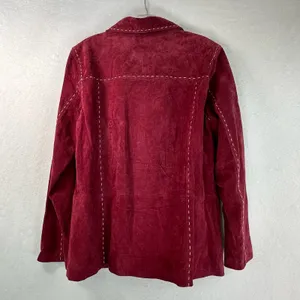 Denim & Co Burgundy Washable Leather Jacket Contrast Stitch Barn Coat Large Flaw thumbnail 2