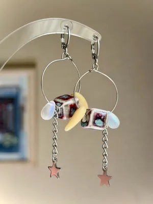 Handmade funky boho retro unique hoop dangle earrings🩵 thumbnail 5