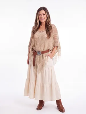 Vintage The Original Arizona Jean Co. Boho Crochet Knit Fringe Poncho Tan Fall thumbnail 3