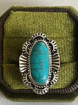 Vintage/Boho Design Blue Turquoise Stainless Steel Silver Statement Ring Size 6 thumbnail 2