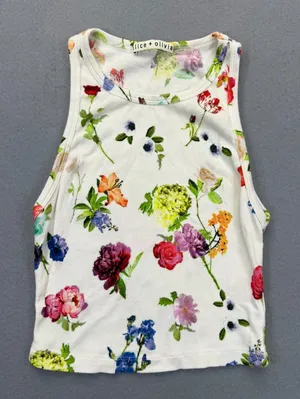 Alice + Olivia Floral Ribbed Knit Tank Top White Multicolor CC303P38019 XS thumbnail 1