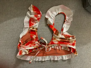 Aerie Women's Ruffled Swim Top in Orange and White NEW thumbnail 2
