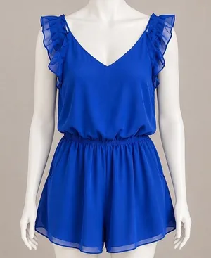 The Hanger Boho Blue Ruffle‎ Cold Shoulder Romper Strappy Back M Cottagecore thumbnail 1