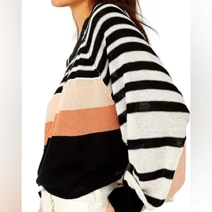 Free People Block Party Linen Cotton Stripped‎ Boxy Knit Exposed Hem Sweater thumbnail 3