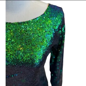 Green Multicolor Sequin Long Sleeve Dress Mini Disco Holiday Party S Vneck Back thumbnail 3