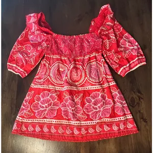 Farm Rio Summer Sunrise Mini Dress Small Red Smocked Puff Sleeve Tropical Summer thumbnail 5