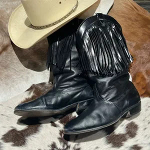 Vintage Black Real Leather Fringe Cowboy Boots Festival Rave Burning‎ Man A21 thumbnail 1
