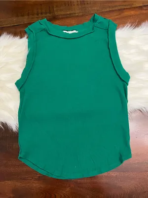 Free People Green Ribbed Tank Top XL Sleeveless Stretch Cotton Basic thumbnail 2