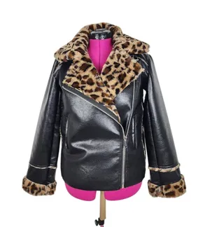 Black Faux Leather Moto Jacket with Leopard Faux Fur Accent thumbnail 1