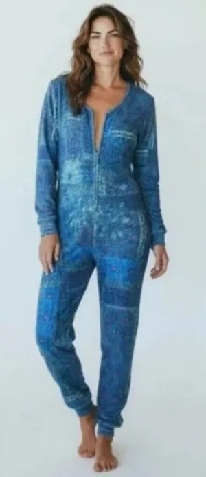 Natural Life Fleece One Piece Lounge Comfort Pajamas Blue Patchwork SO SOFT S/M thumbnail 1